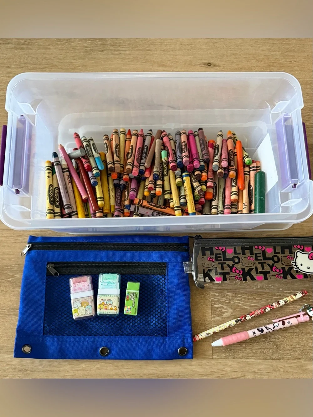 Used crayons, bin, Hello Kitty bundle, new erasers
